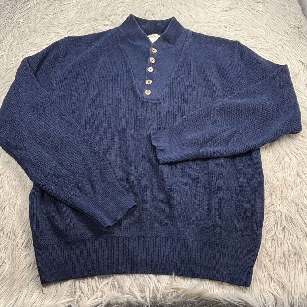 Vintage L.L. Bean Men's L Navy Henley Mock Neck Sweater Preppy Cabincore